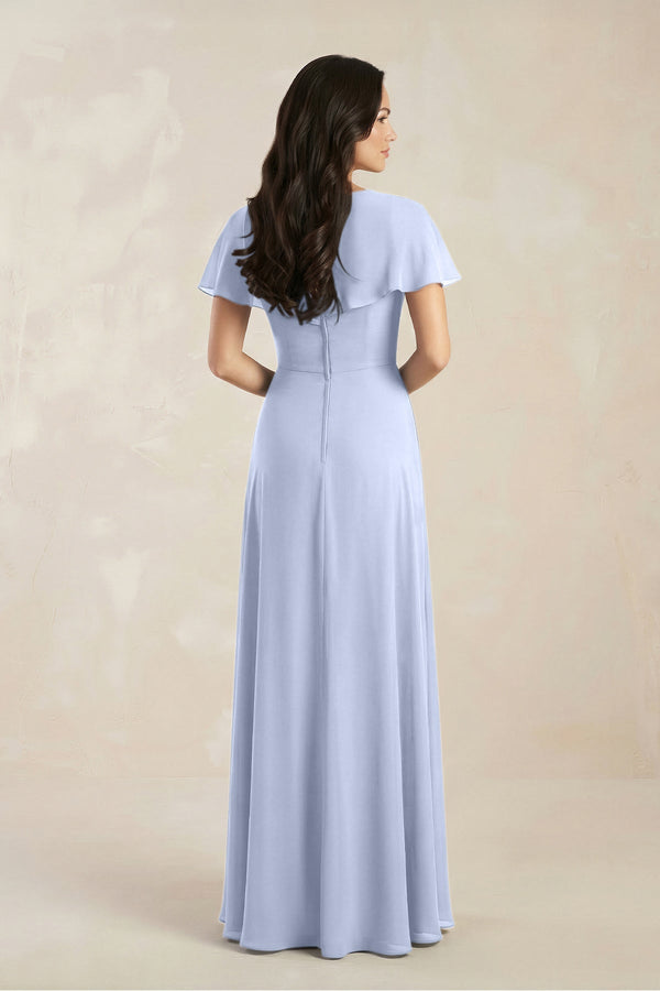 A - Line Short Sleeve Chiffon V - Neck Bridesmaid Dress in Ice - KissProm Bridesmaid Dresses