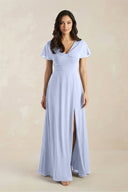 A - Line Short Sleeve Chiffon V - Neck Bridesmaid Dress in Ice - KissProm Bridesmaid Dresses