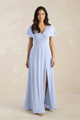 A - Line Short Sleeve Chiffon V - Neck Bridesmaid Dress in Ice - KissProm Bridesmaid Dresses