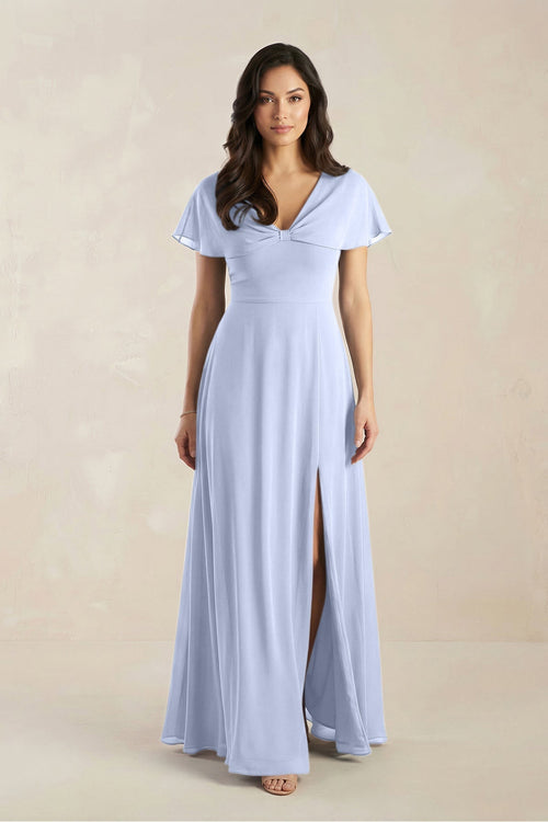 A - Line Short Sleeve Chiffon V - Neck Bridesmaid Dress in Ice - KissProm Bridesmaid Dresses