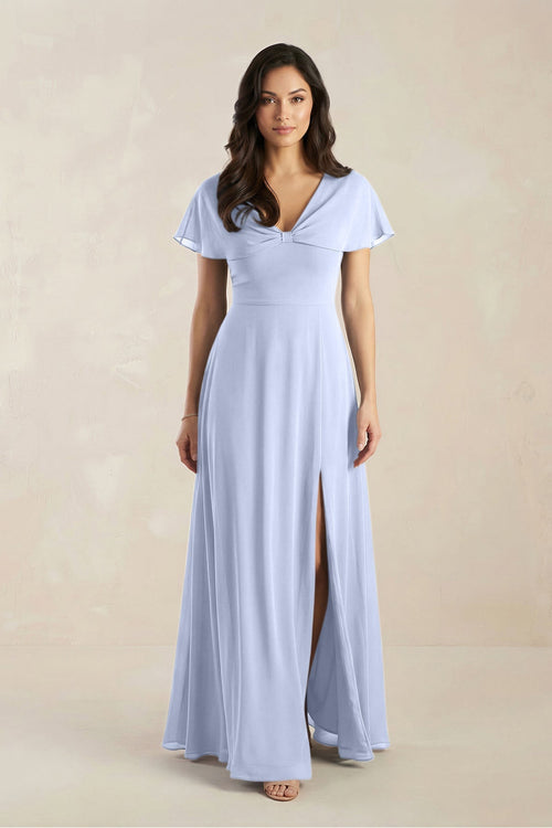 KissProm | Short Sleeve Chiffon V-Neck A-Line Bridesmaid Dress in Ice KissProm | Short Sleeve Chiffon V-Neck A-Line Bridesmaid Dress in Ice