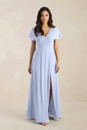 A - Line Short Sleeve Chiffon V - Neck Bridesmaid Dress in Ice - KissProm Bridesmaid Dresses