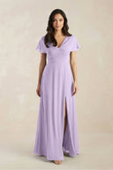 A - Line Short Sleeve Chiffon V - Neck Bridesmaid Dress in Lavender - KissProm Bridesmaid Dresses