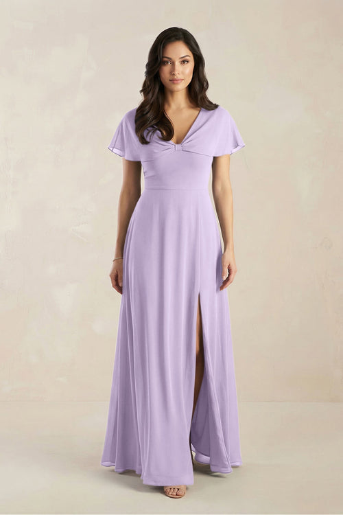 A - Line Short Sleeve Chiffon V - Neck Bridesmaid Dress in Lavender - KissProm Bridesmaid Dresses
