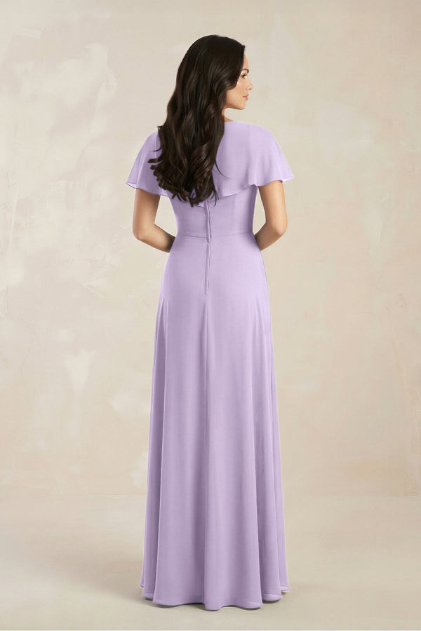 A - Line Short Sleeve Chiffon V - Neck Bridesmaid Dress in Lavender - KissProm Bridesmaid Dresses