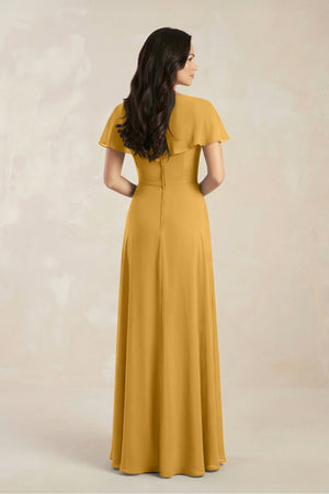 A - Line Short Sleeve Chiffon V - Neck Bridesmaid Dress in Marigold - KissProm Bridesmaid Dresses