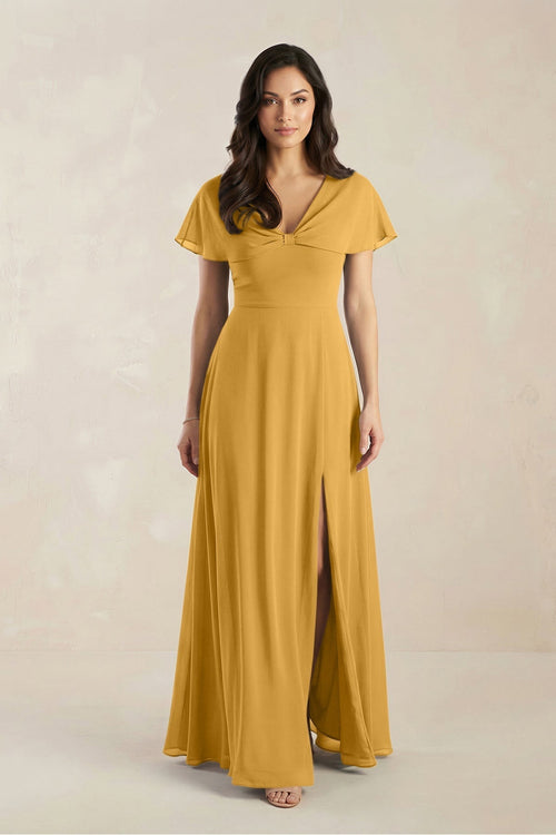 A - Line Short Sleeve Chiffon V - Neck Bridesmaid Dress in Marigold - KissProm Bridesmaid Dresses