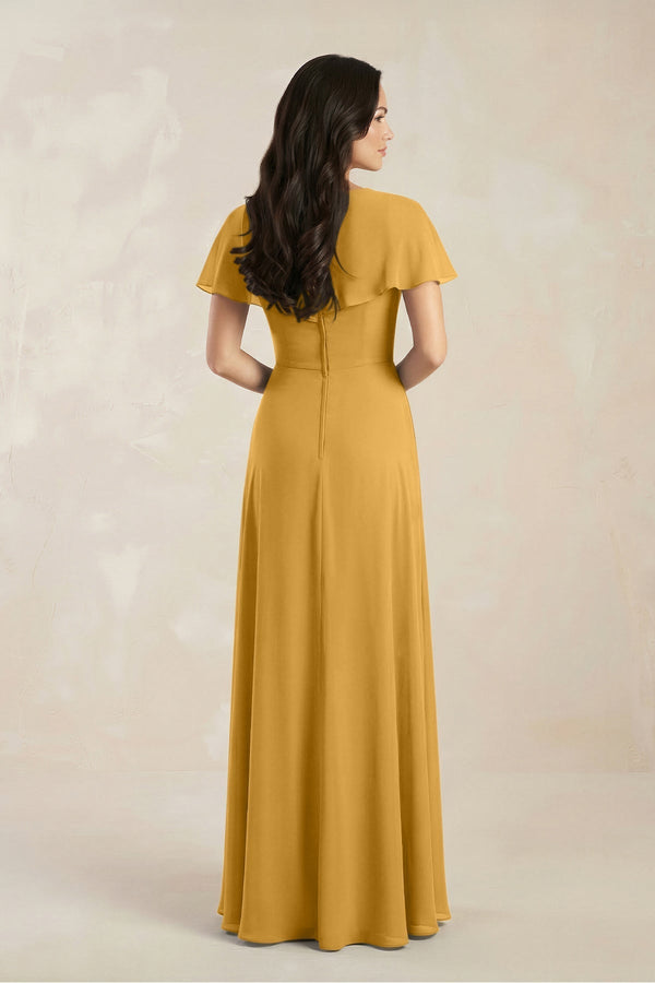 A - Line Short Sleeve Chiffon V - Neck Bridesmaid Dress in Marigold - KissProm Bridesmaid Dresses