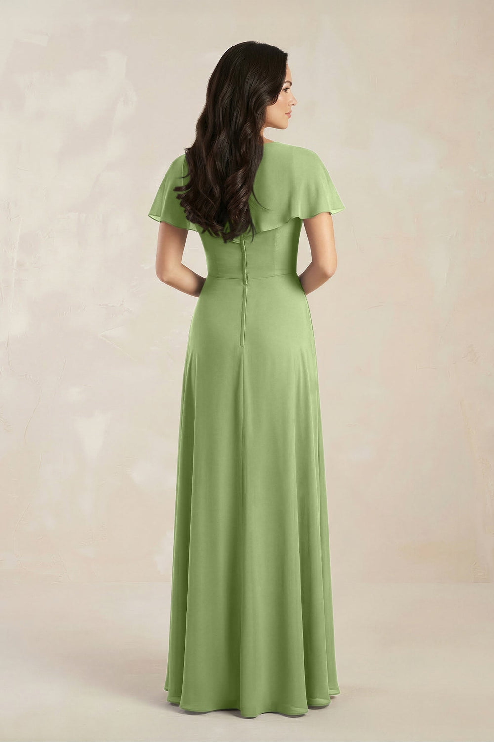 A - Line Short Sleeve Chiffon V - Neck Bridesmaid Dress in Matcha - KissProm Bridesmaid Dresses