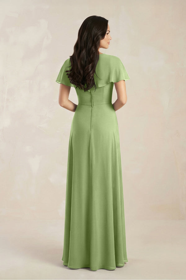 A - Line Short Sleeve Chiffon V - Neck Bridesmaid Dress in Matcha - KissProm Bridesmaid Dresses