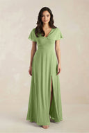 A - Line Short Sleeve Chiffon V - Neck Bridesmaid Dress in Matcha - KissProm Bridesmaid Dresses