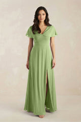 A - Line Short Sleeve Chiffon V - Neck Bridesmaid Dress in Matcha - KissProm Bridesmaid Dresses