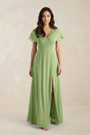 A - Line Short Sleeve Chiffon V - Neck Bridesmaid Dress in Matcha - KissProm Bridesmaid Dresses