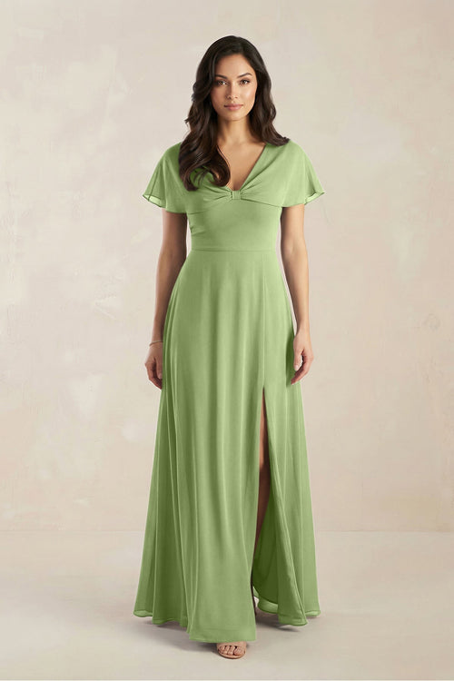 A - Line Short Sleeve Chiffon V - Neck Bridesmaid Dress in Matcha - KissProm Bridesmaid Dresses