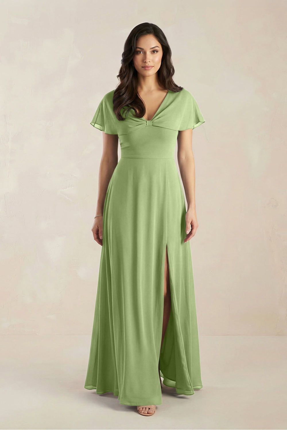 A - Line Short Sleeve Chiffon V - Neck Bridesmaid Dress in Matcha - KissProm Bridesmaid Dresses