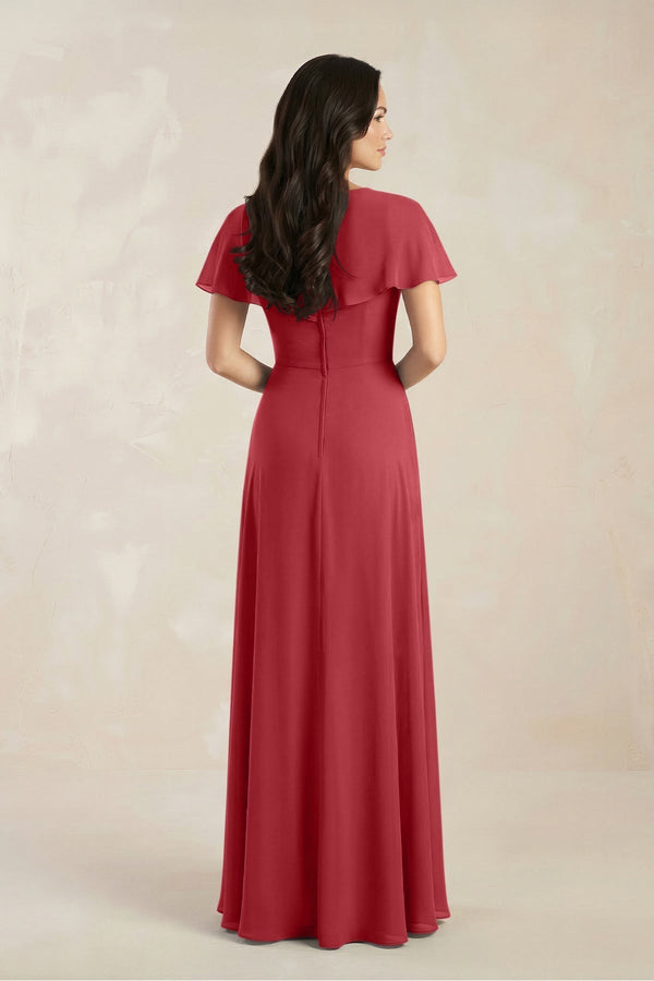 A - Line Short Sleeve Chiffon V - Neck Bridesmaid Dress in Merlot - KissProm Bridesmaid Dresses