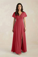 A - Line Short Sleeve Chiffon V - Neck Bridesmaid Dress in Merlot - KissProm Bridesmaid Dresses