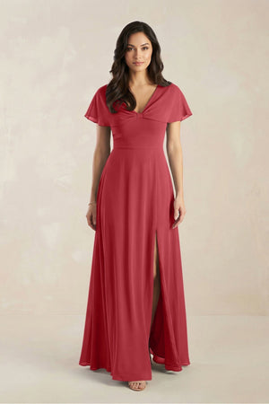 A - Line Short Sleeve Chiffon V - Neck Bridesmaid Dress in Merlot - KissProm Bridesmaid Dresses
