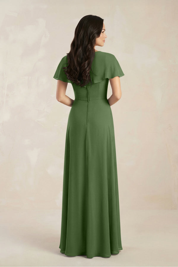 A - Line Short Sleeve Chiffon V - Neck Bridesmaid Dress in Moss - KissProm Bridesmaid Dresses