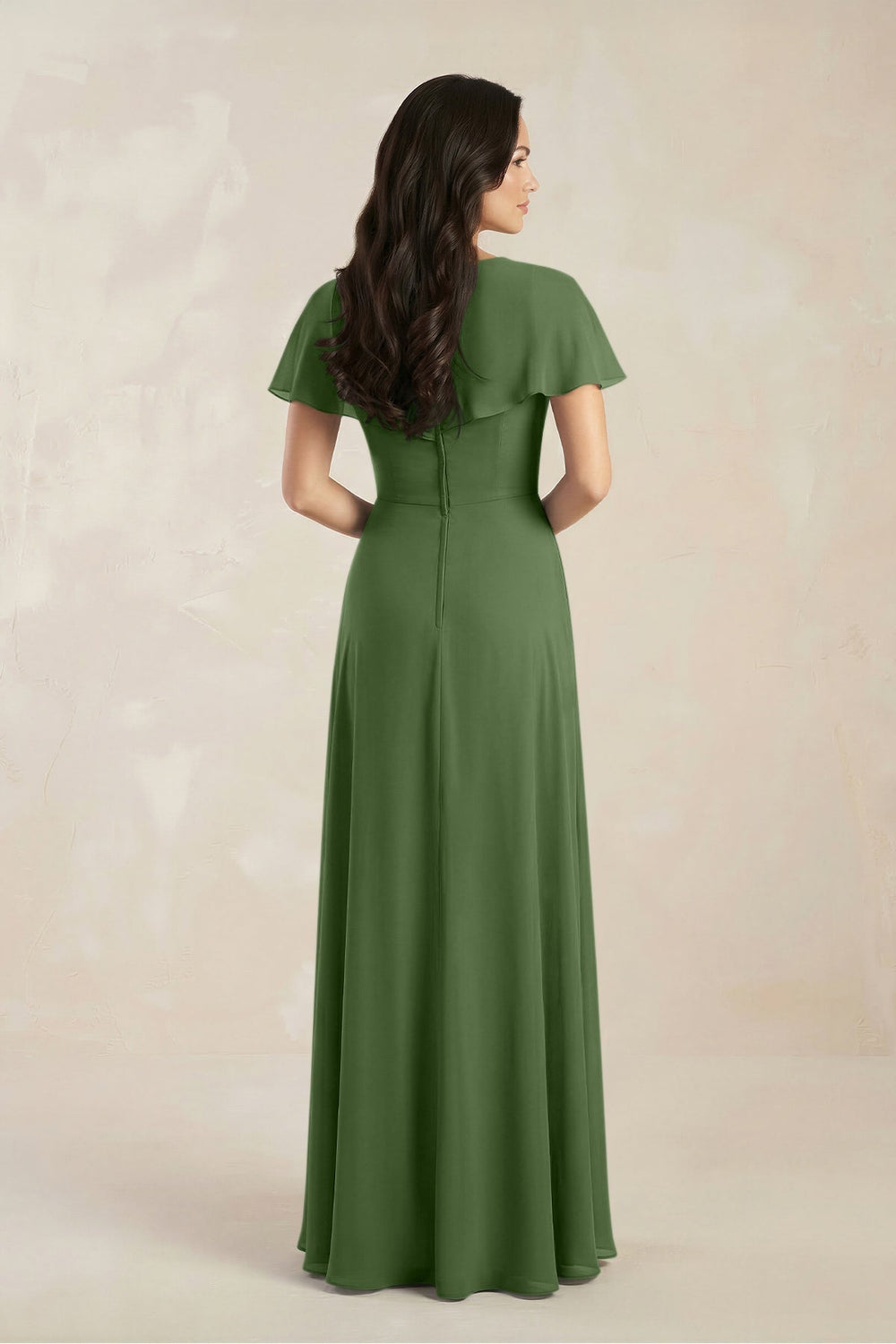 A - Line Short Sleeve Chiffon V - Neck Bridesmaid Dress in Moss - KissProm Bridesmaid Dresses