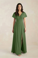 A - Line Short Sleeve Chiffon V - Neck Bridesmaid Dress in Moss - KissProm Bridesmaid Dresses