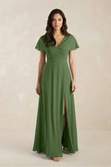 A - Line Short Sleeve Chiffon V - Neck Bridesmaid Dress in Moss - KissProm Bridesmaid Dresses