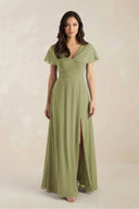 A - Line Short Sleeve Chiffon V - Neck Bridesmaid Dress in Moss Green - KissProm Bridesmaid Dresses
