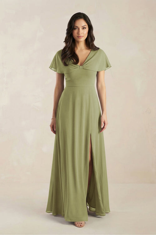 A - Line Short Sleeve Chiffon V - Neck Bridesmaid Dress in Moss Green - KissProm Bridesmaid Dresses
