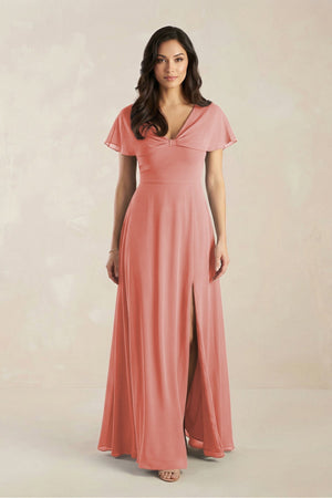 A - Line Short Sleeve Chiffon V - Neck Bridesmaid Dress in Mulberry - KissProm Bridesmaid Dresses