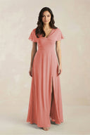 A - Line Short Sleeve Chiffon V - Neck Bridesmaid Dress in Mulberry - KissProm Bridesmaid Dresses