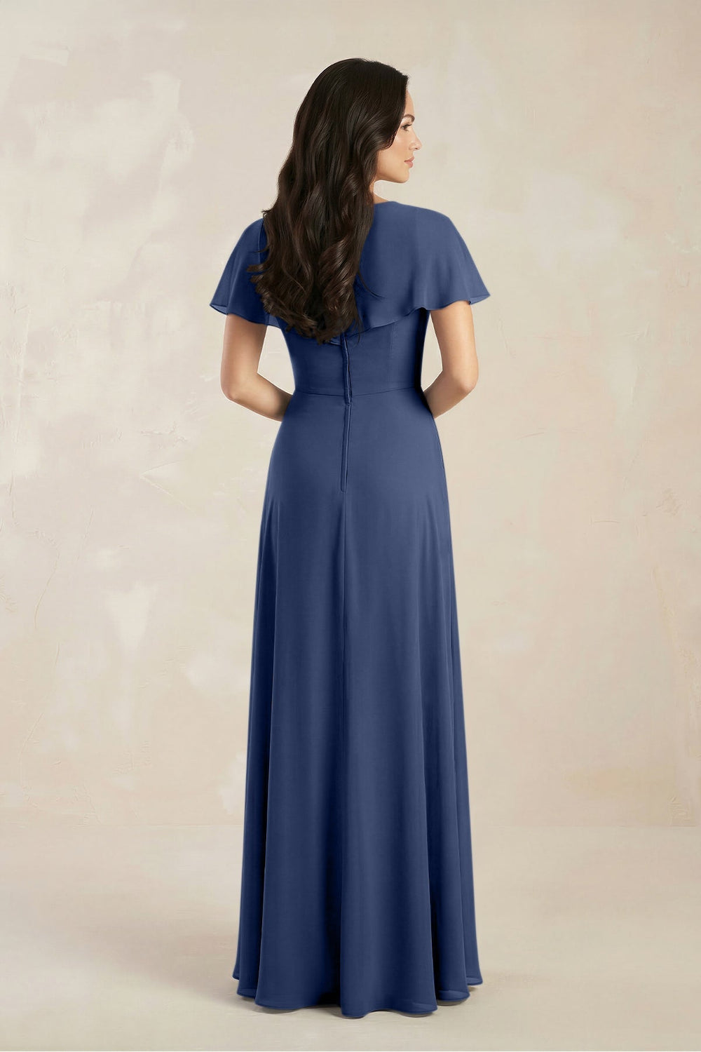 A - Line Short Sleeve Chiffon V - Neck Bridesmaid Dress in Navy - KissProm Bridesmaid Dresses