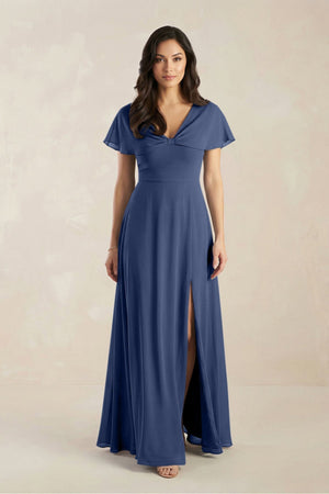 A - Line Short Sleeve Chiffon V - Neck Bridesmaid Dress in Navy - KissProm Bridesmaid Dresses