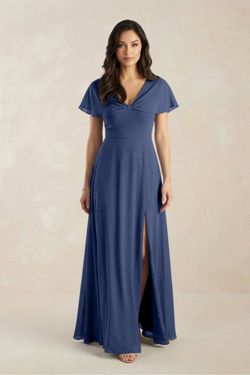 A - Line Short Sleeve Chiffon V - Neck Bridesmaid Dress in Navy - KissProm Bridesmaid Dresses