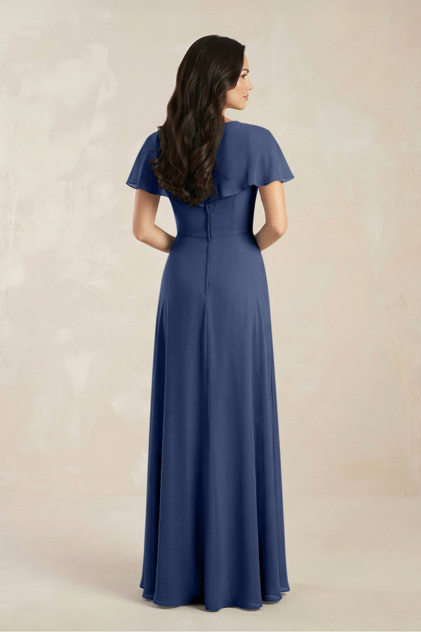 A - Line Short Sleeve Chiffon V - Neck Bridesmaid Dress in Navy - KissProm Bridesmaid Dresses