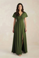 A - Line Short Sleeve Chiffon V - Neck Bridesmaid Dress in Olive - KissProm Bridesmaid Dresses