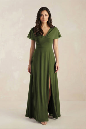 A - Line Short Sleeve Chiffon V - Neck Bridesmaid Dress in Olive - KissProm Bridesmaid Dresses
