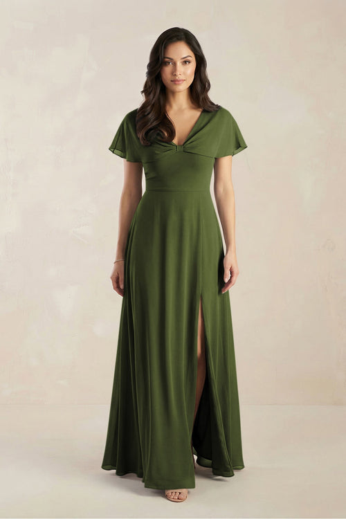 A - Line Short Sleeve Chiffon V - Neck Bridesmaid Dress in Olive - KissProm Bridesmaid Dresses