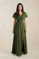 A - Line Short Sleeve Chiffon V - Neck Bridesmaid Dress in Olive - KissProm Bridesmaid Dresses