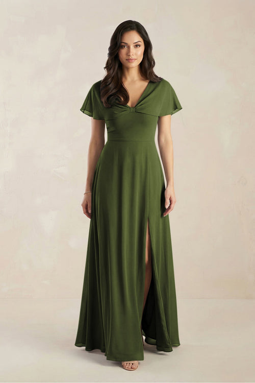 A - Line Short Sleeve Chiffon V - Neck Bridesmaid Dress in Olive - KissProm Bridesmaid Dresses