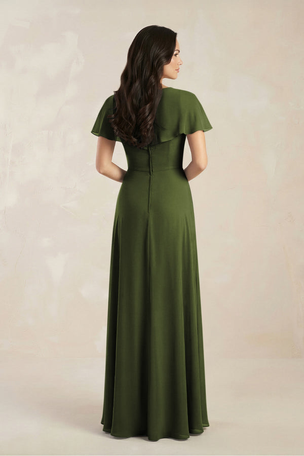 A - Line Short Sleeve Chiffon V - Neck Bridesmaid Dress in Olive - KissProm Bridesmaid Dresses