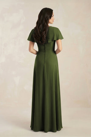 A - Line Short Sleeve Chiffon V - Neck Bridesmaid Dress in Olive - KissProm Bridesmaid Dresses