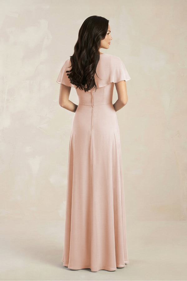 A - Line Short Sleeve Chiffon V - Neck Bridesmaid Dress in Pale Blush - KissProm Bridesmaid Dresses