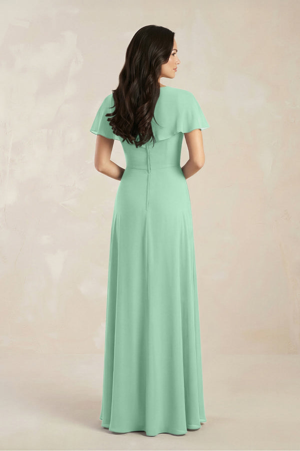 A - Line Short Sleeve Chiffon V - Neck Bridesmaid Dress in Pale Pistachio - KissProm Bridesmaid Dresses