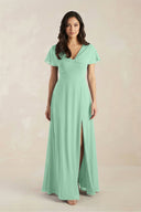 A - Line Short Sleeve Chiffon V - Neck Bridesmaid Dress in Pale Pistachio - KissProm Bridesmaid Dresses