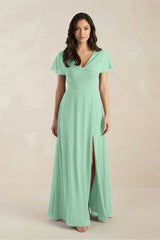 A - Line Short Sleeve Chiffon V - Neck Bridesmaid Dress in Pale Pistachio - KissProm Bridesmaid Dresses