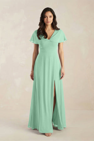 A - Line Short Sleeve Chiffon V - Neck Bridesmaid Dress in Pale Pistachio - KissProm Bridesmaid Dresses