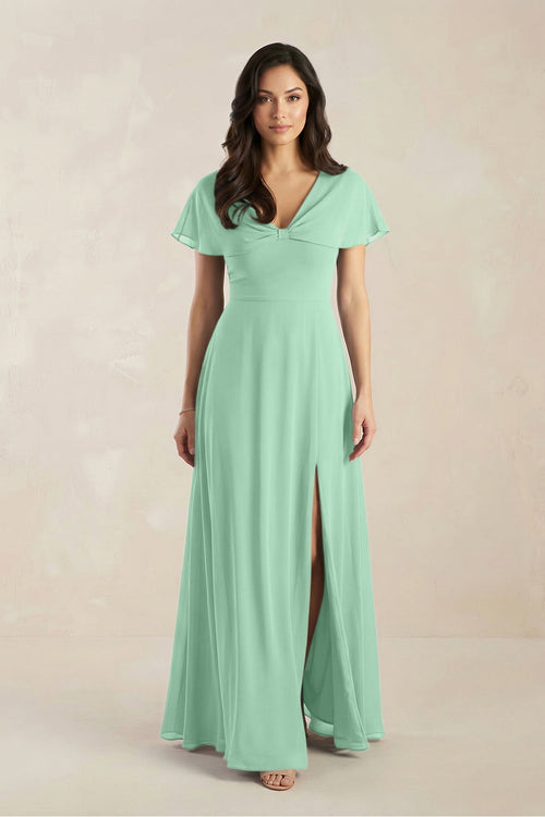 A - Line Short Sleeve Chiffon V - Neck Bridesmaid Dress in Pale Pistachio - KissProm Bridesmaid Dresses