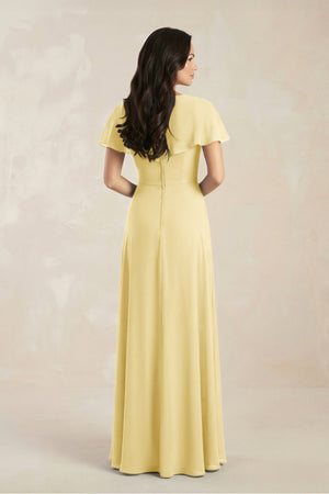 A - Line Short Sleeve Chiffon V - Neck Bridesmaid Dress in Pastel Yellow - KissProm Bridesmaid Dresses