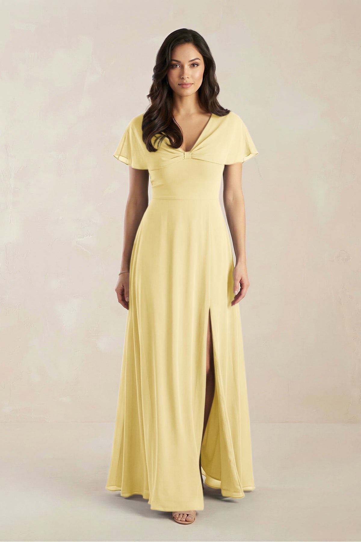 KissProm A-Line Short Sleeve Chiffon V-Neck Bridesmaid Dress in Pastel Yellow, Pastel Yellow / 30