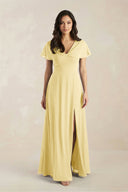 A - Line Short Sleeve Chiffon V - Neck Bridesmaid Dress in Pastel Yellow - KissProm Bridesmaid Dresses